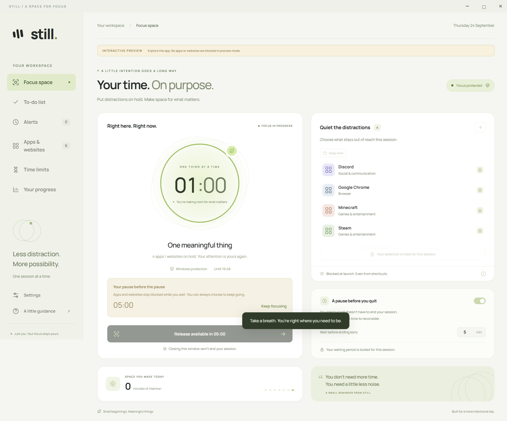 An active focus session with locked apps and a release waiting period