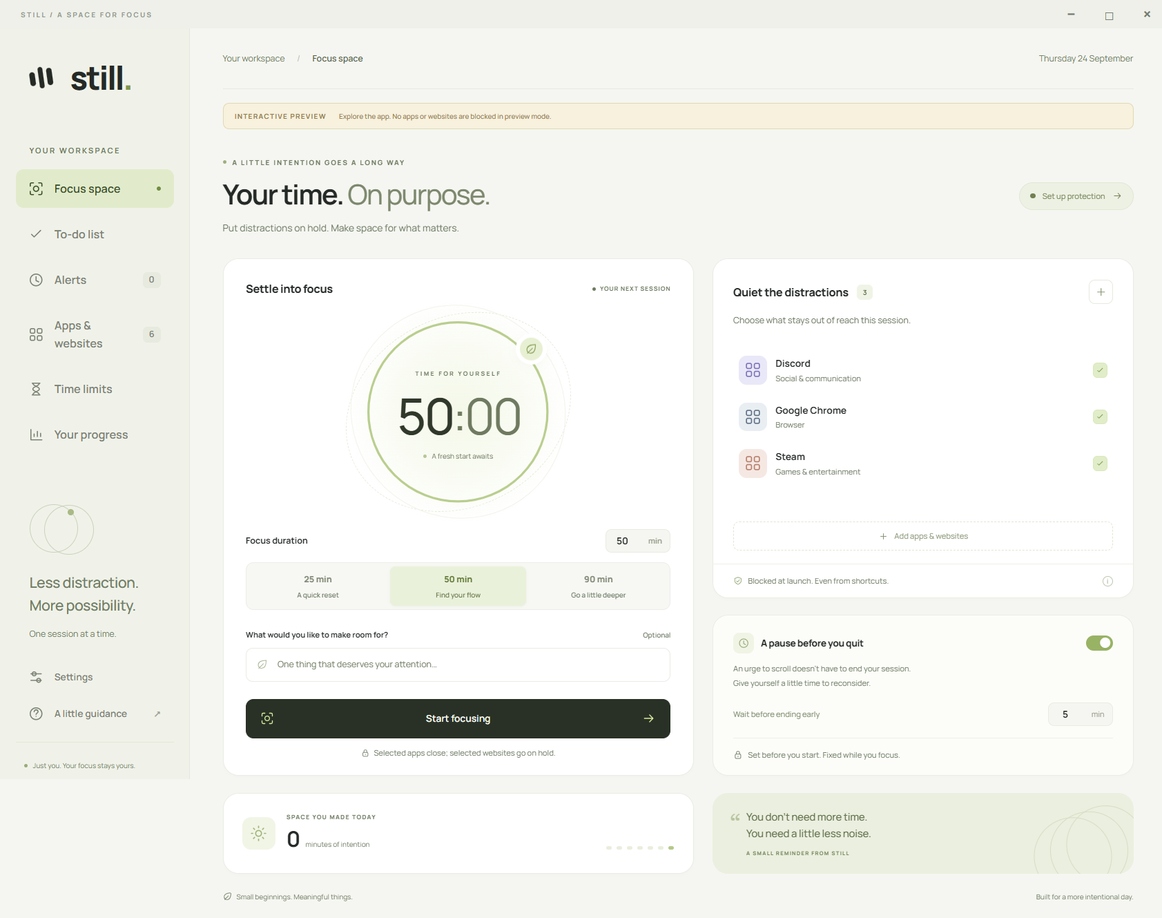 Focus space: a 50-minute timer, selected distractions and an optional pause before ending early