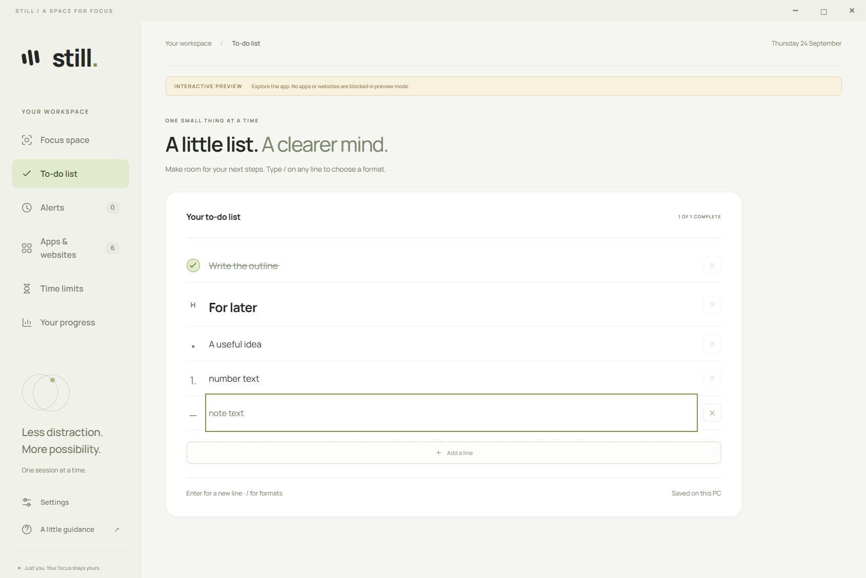 The to-do list with checkboxes, a heading, a bullet and a note